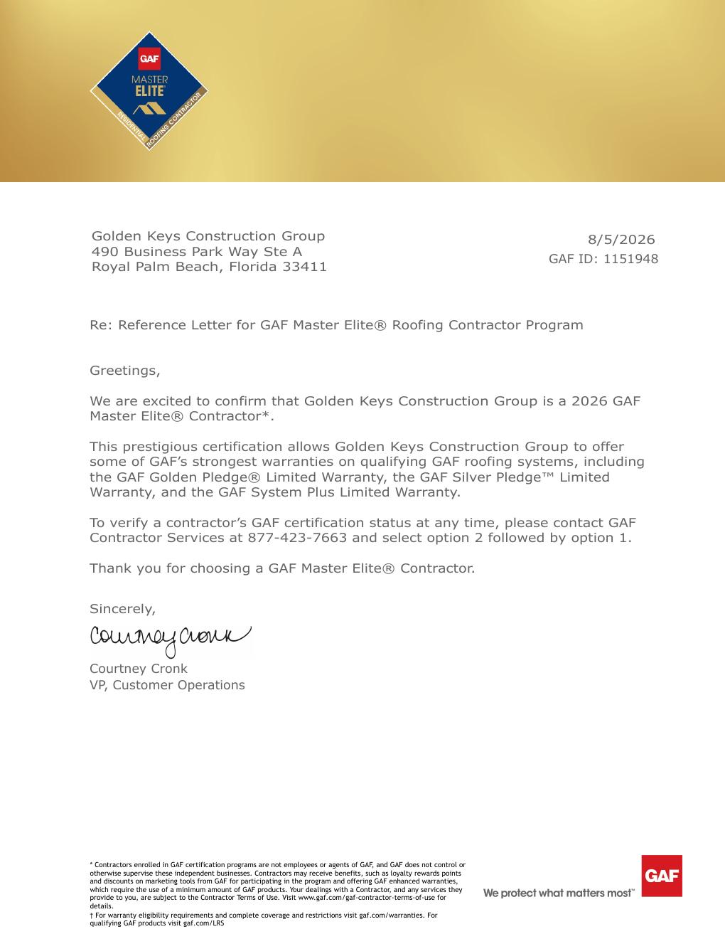 GAF Letter of Certification — document preview