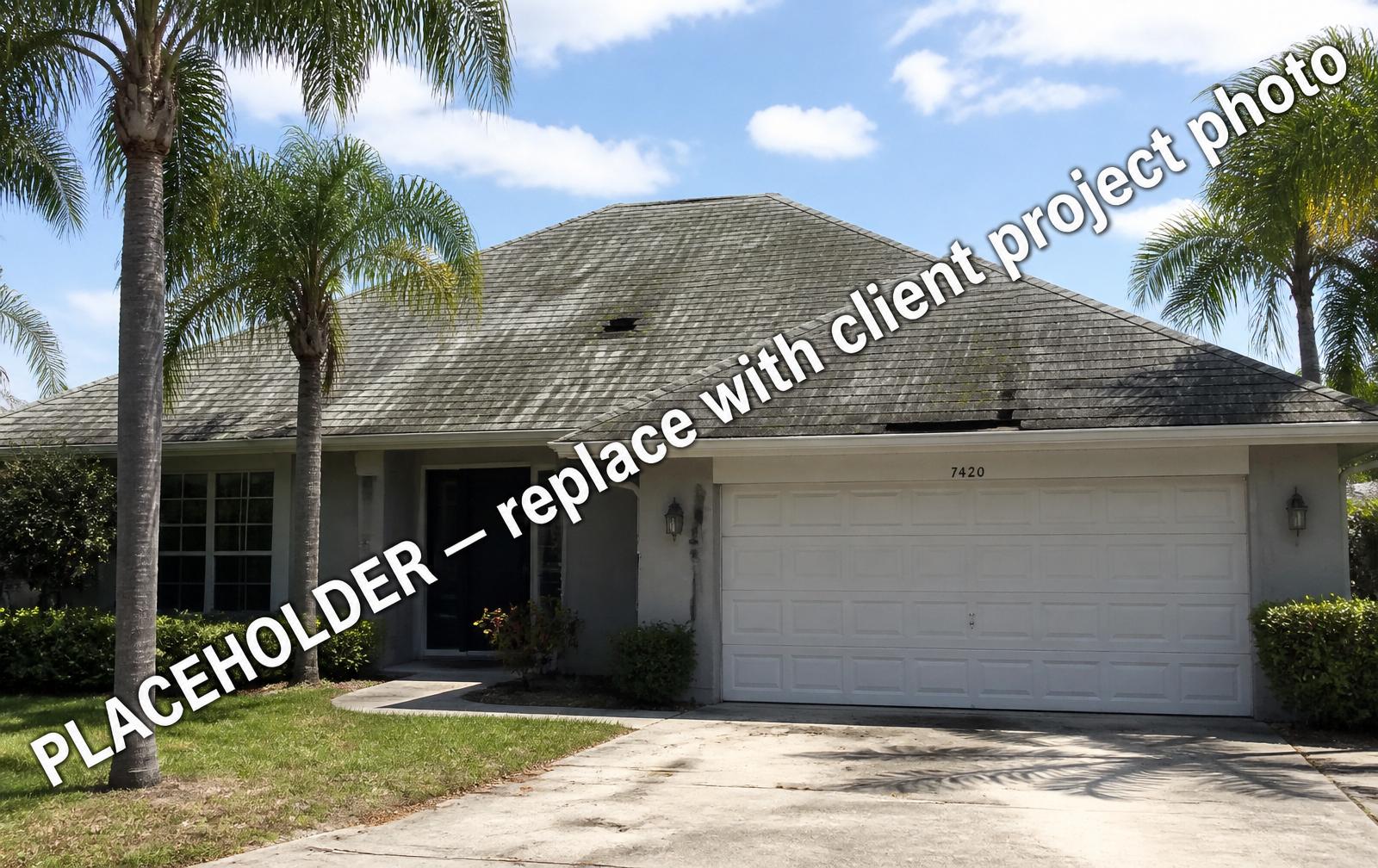 Weathered aging shingle roof on a South Florida home with moss and missing shingles — placeholder image